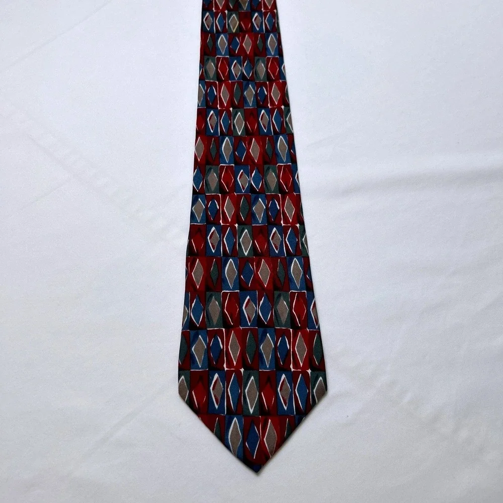 Alexander Lloyd Mens Geometric Diamond Silk Extra Long Necktie XL Red Blue